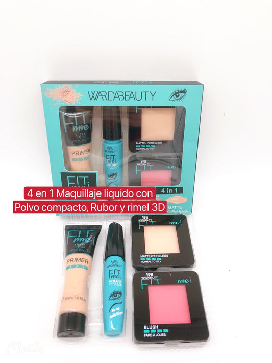 4 en 1 Maquillaje Liquido con Polvo Compacto, Rubor y Rimel 3D