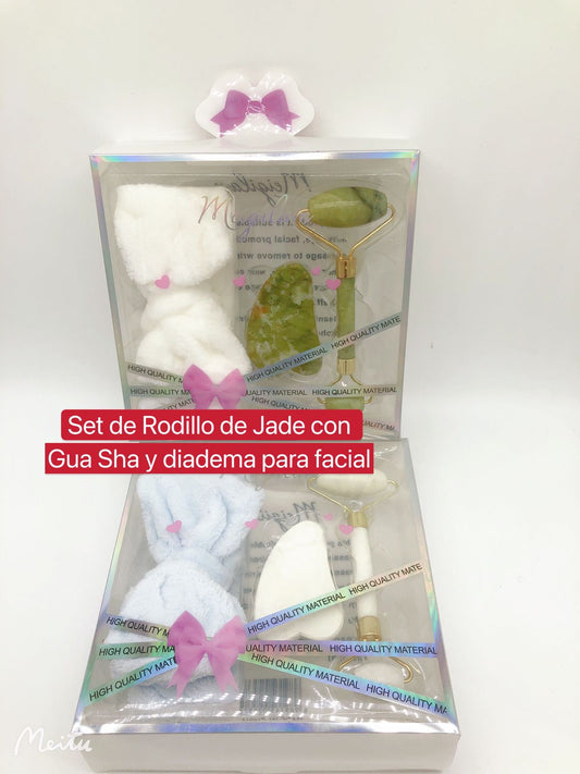 Set de Rodillo de Jade con Gua Sha y Diadema para Facial