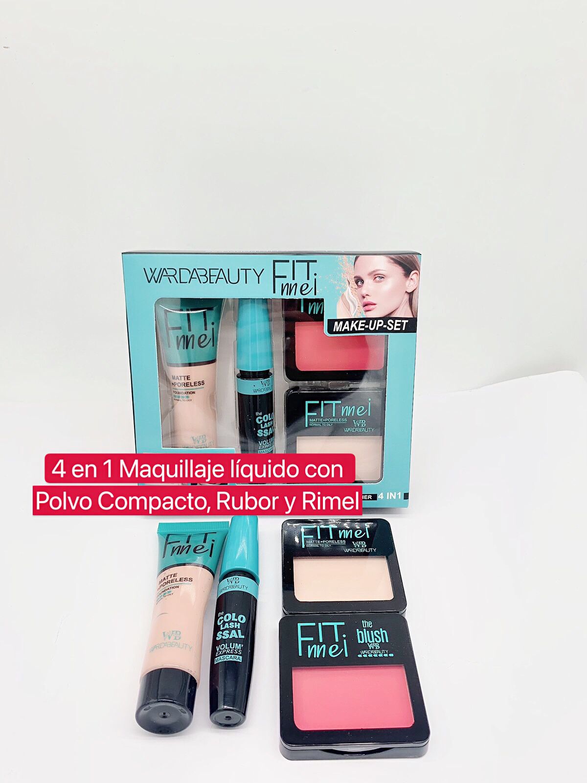 4 en 1 Maquillaje Liquido con Polvo Compacto, Rubor y Rimel