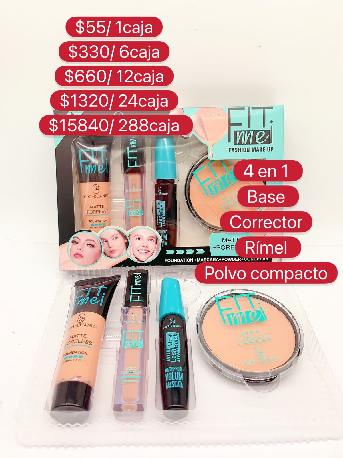 4 en 1 Base, Corrector, Rimel, Polvo Compacto